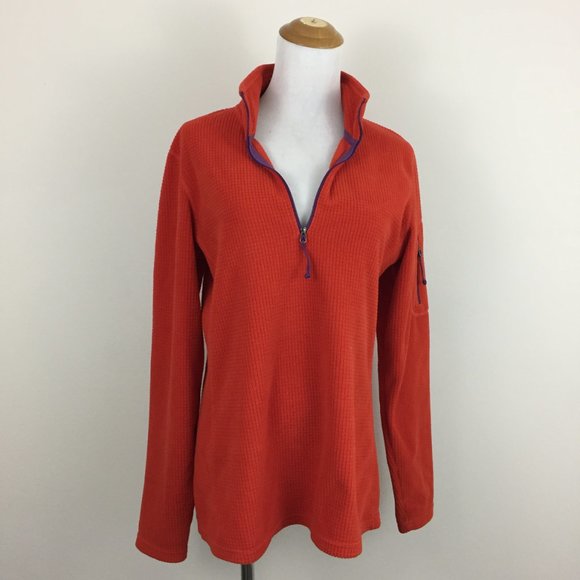 ORVIS Trout Bum Red/Orange'ish Zip Pocket Sleeve Purple Trim Fleece Jacket - Picture 3 of 8